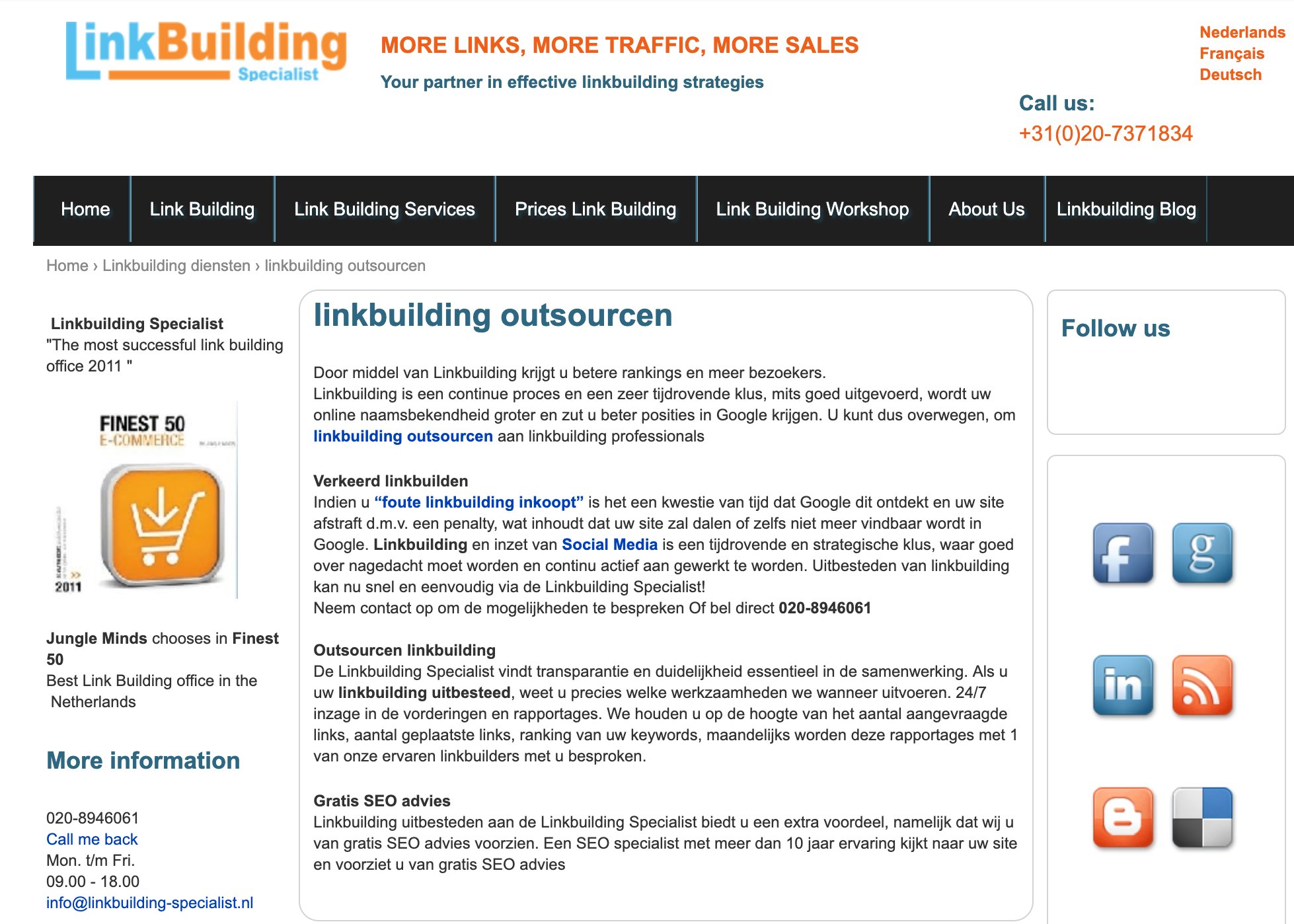 Screenshot linkbuilding-specialist.nl — het eerste gespecialiseerde linkbuilding-bureau van Nederland, opgericht door Gijs Bodenstaff in 2010