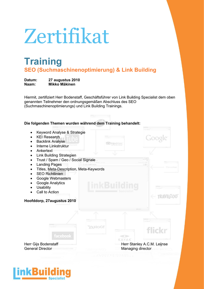 Certificaat native speaker Duits — Mikko Makinen, Linkbuilding Specialist BV