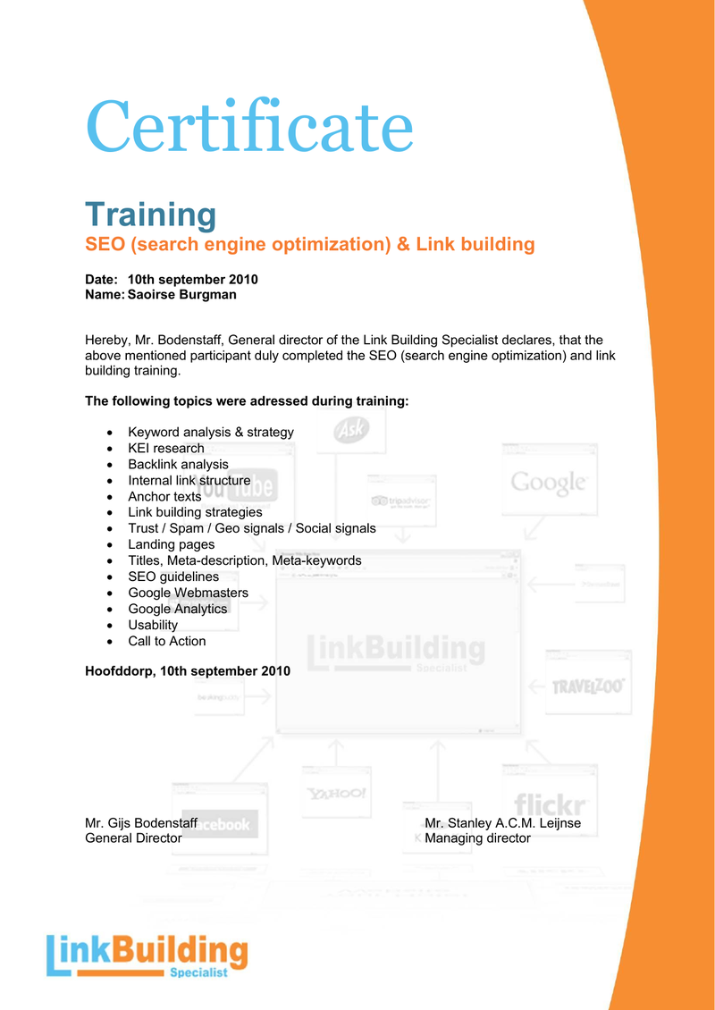 Certificate native speaker English — Saoirse Burgman, Linkbuilding Specialist BV