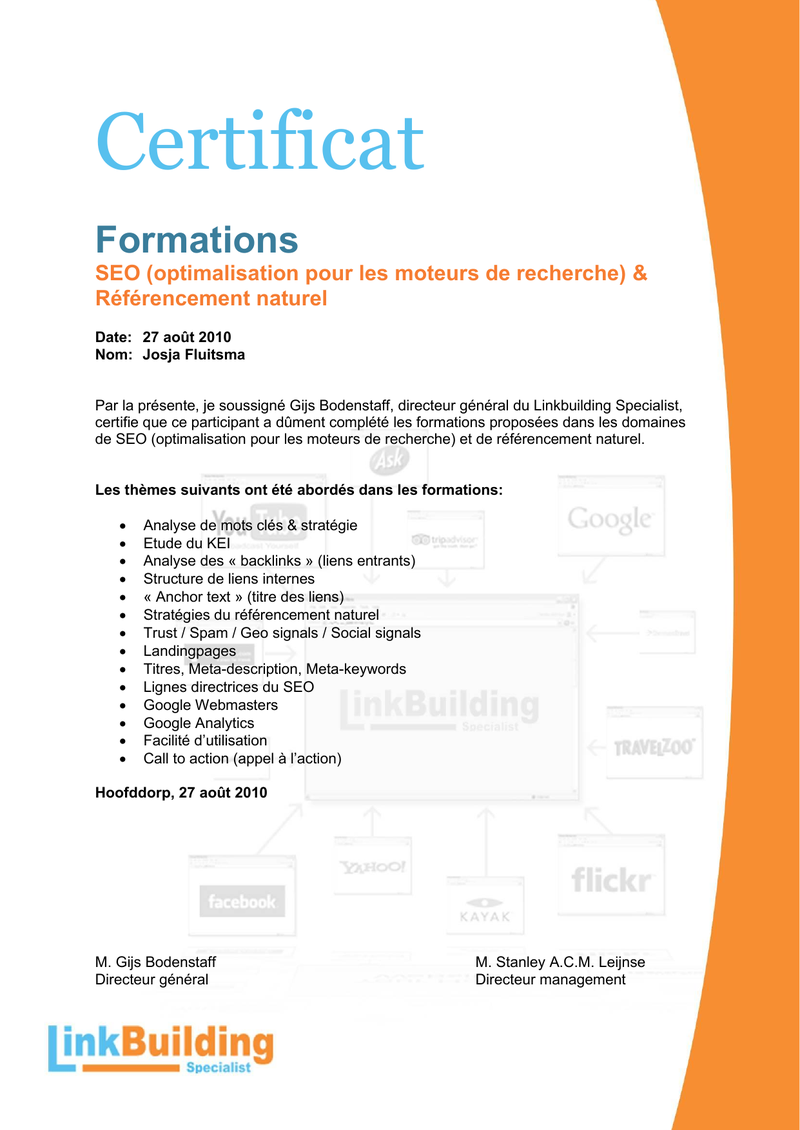 Certificaat native speaker Frans — Josje Fluitsma, Linkbuilding Specialist BV