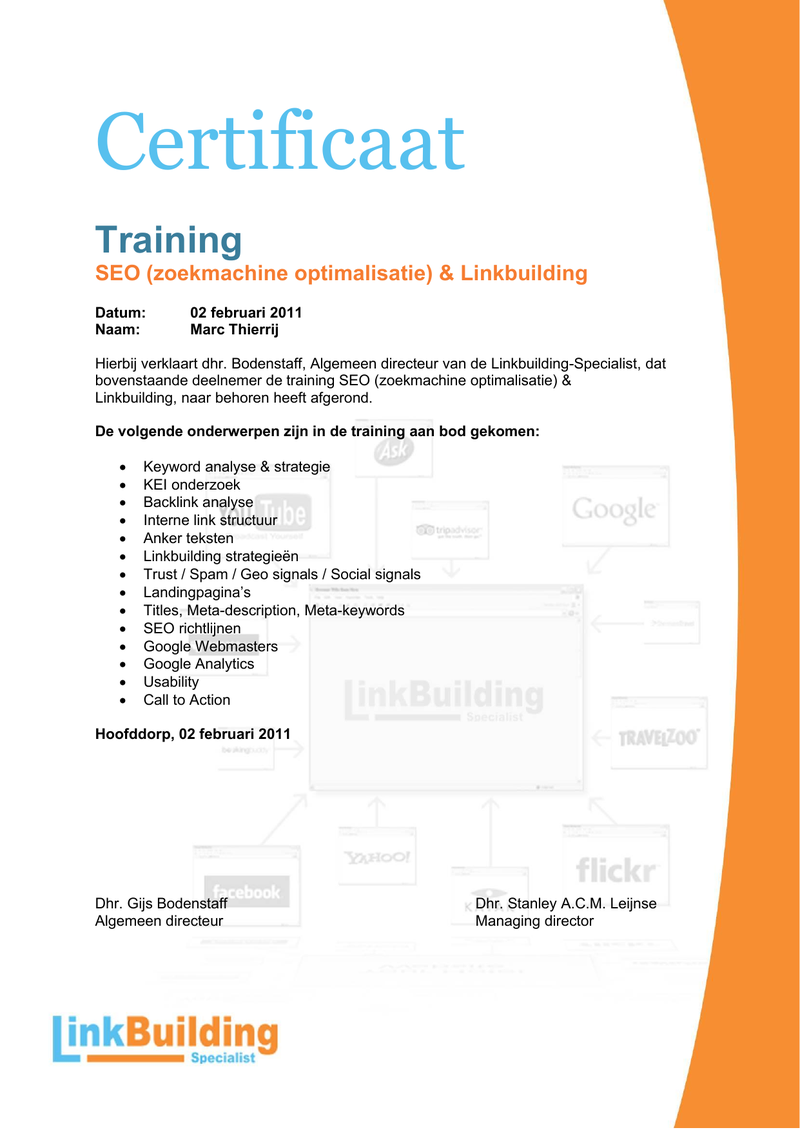 Certificaat native speaker Nederlands — Marc Thierry, Linkbuilding Specialist BV