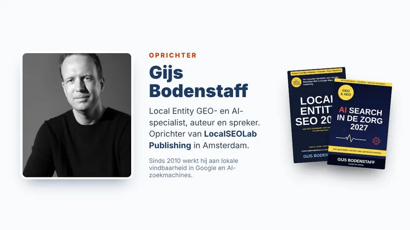 Portret van Gijs Bodenstaff, oprichter van LocalSEOLab Publishing in Amsterdam, naast de covers van Local Entity SEO 2027 en AI Search in de Zorg 2027