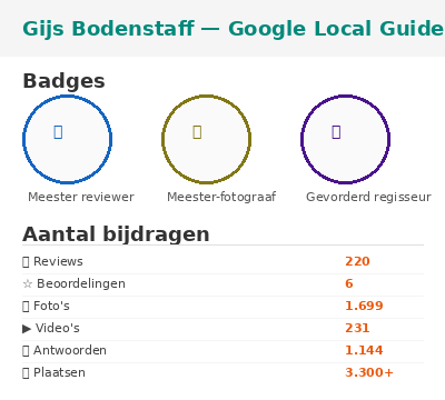Google Local Guide badges Gijs Bodenstaff: Meester reviewer, Meester-fotograaf, Gevorderde regisseur — 220 reviews, 1699 foto's, 231 video's