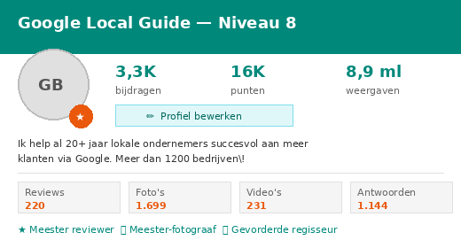 Gijs Bodenstaff — officieel Google Local Guide Niveau 8, 3.300+ bijdragen, 16K punten, 8.9 miljoen weergaven
