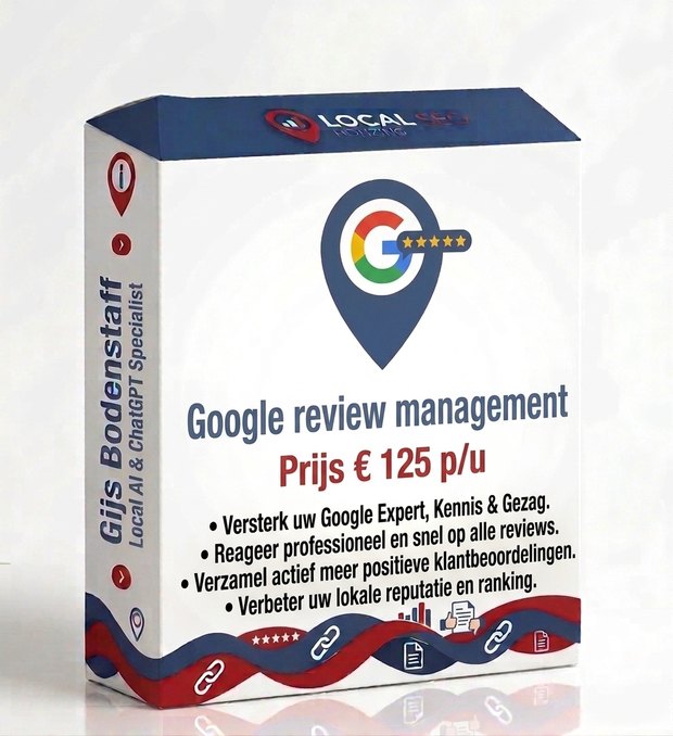Productverpakking Google review management van Gijs Bodenstaff &mdash; reviews verzamelen, beantwoorden en je lokale reputatie versterken