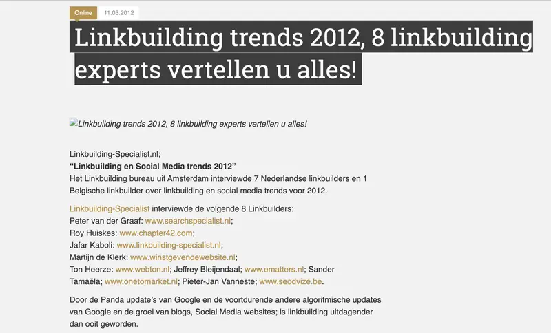 Screenshot Dutch Cowboys 11 maart 2012: Linkbuilding trends 2012, 8 linkbuilding experts, met de lijst van linkbuilders