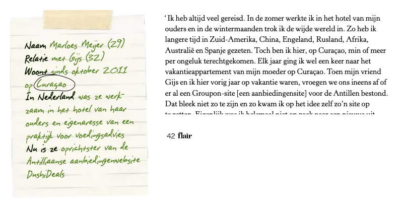 Uitsnede Flair pagina 42, rubriek Ik vertrok: Marloes Meijer, relatie met Gijs (32), oprichtster van DushiDeals op Curaçao